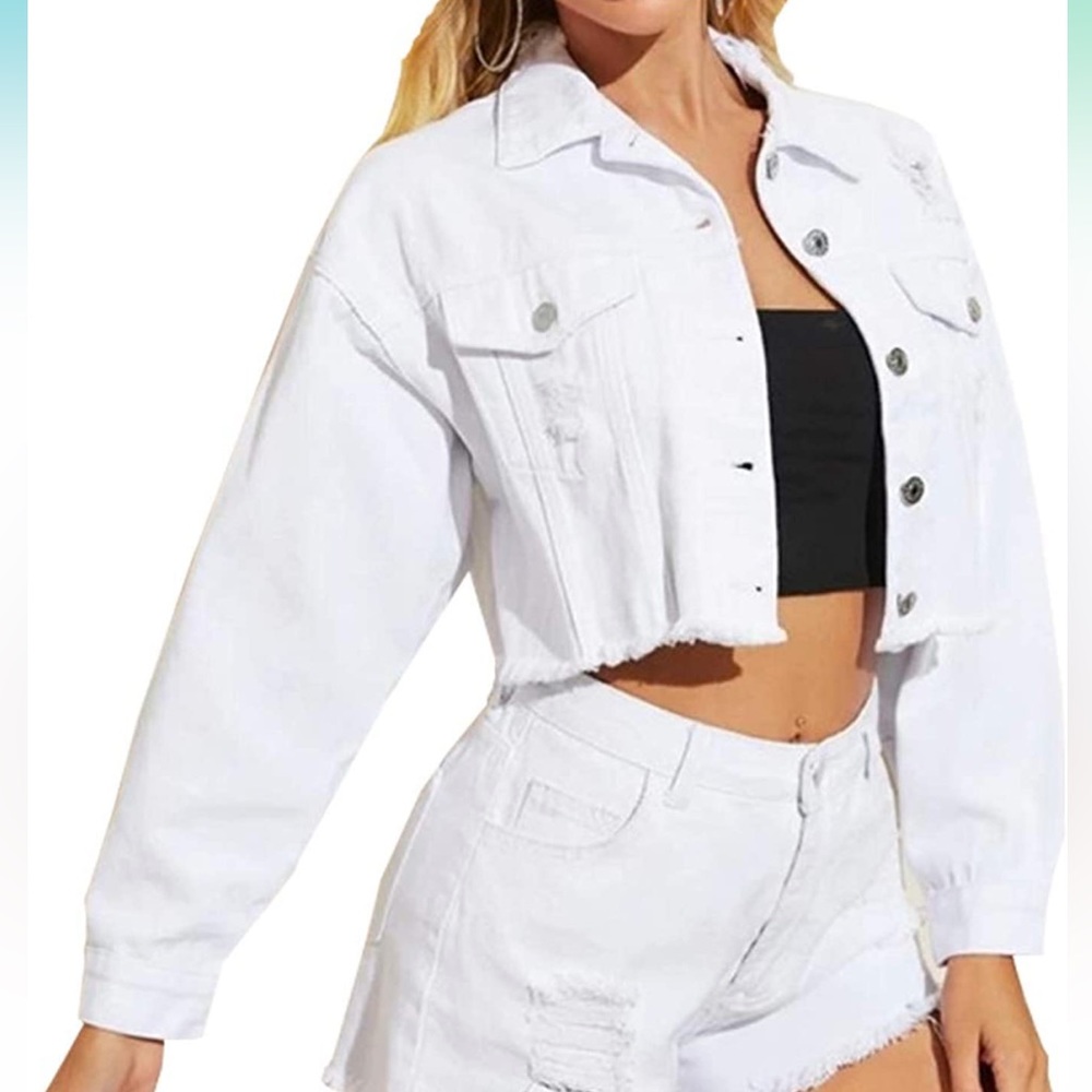 White Cropped Ripped Distressed Denim Jean Jacket Coat Fringe with Frayed Hem